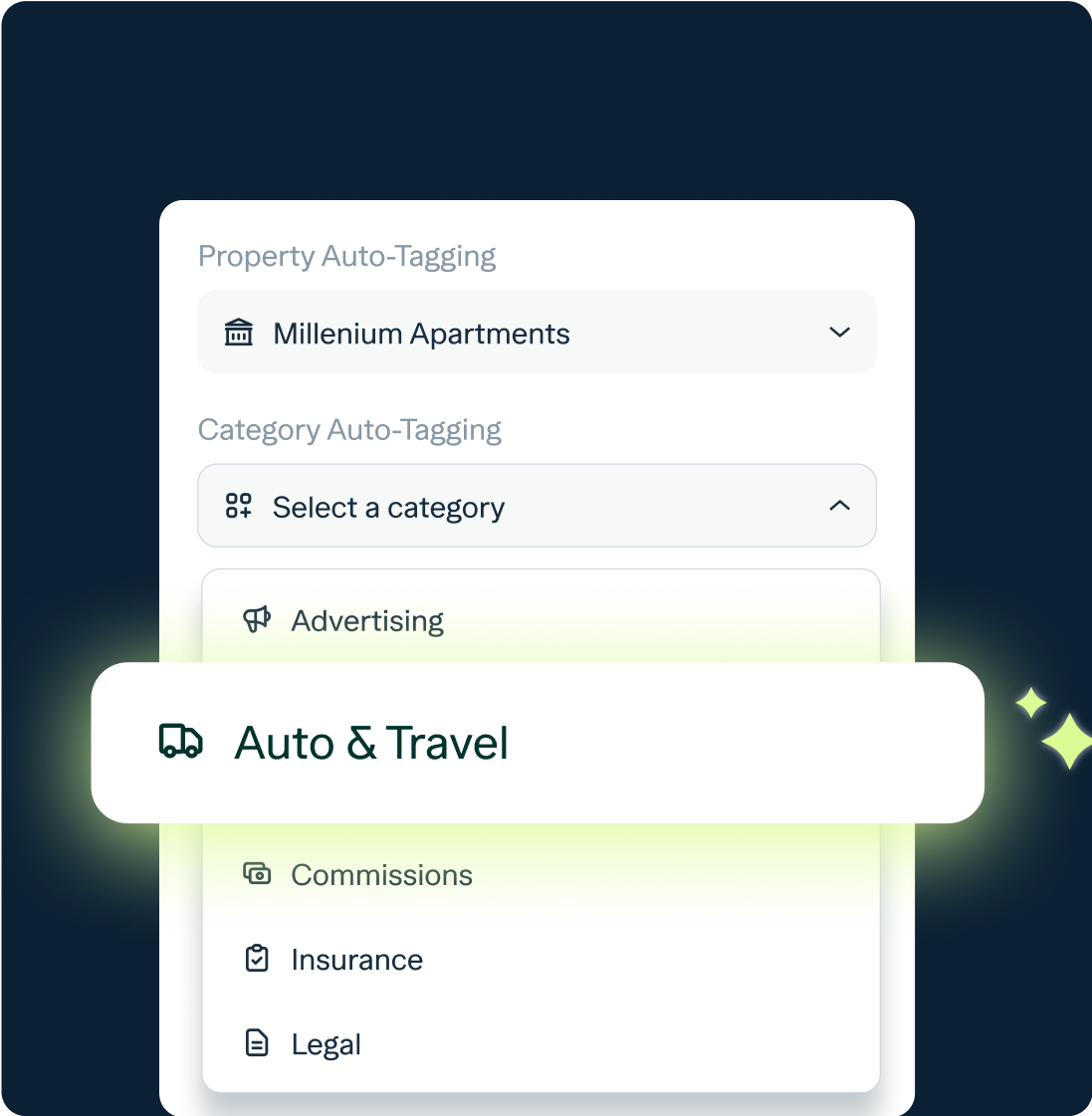 A digital interface displays dropdown menus for property and category auto-tagging, with “Auto & Travel” highlighted and glowing among category options like Advertising, Commissions, Insurance, and Legal.