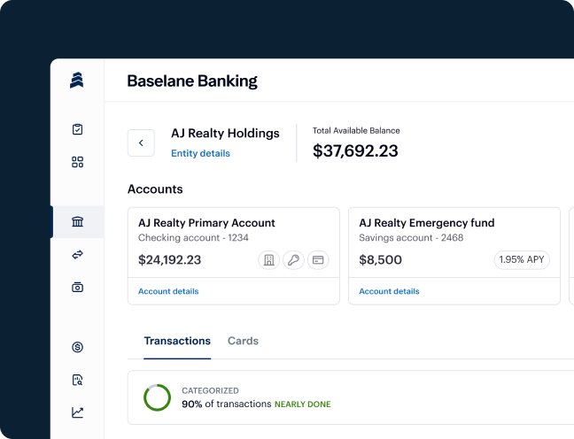 A digital banking dashboard for “Baselane Banking” displays a total available balance of $37,692.23, with details for primary and emergency accounts and a categorized transactions summary.