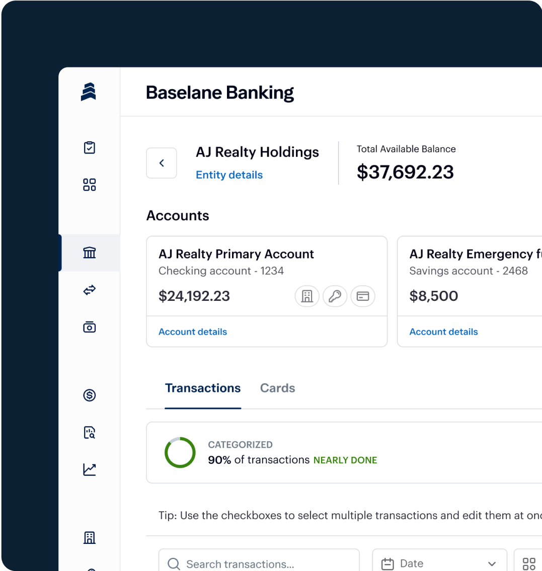 A digital banking dashboard for Baseline Banking displays account details for AJ Realty Holdings, including a total balance of $37,692.23, recent transactions, and account numbers. A progress bar shows 90% of transactions are nearly done.