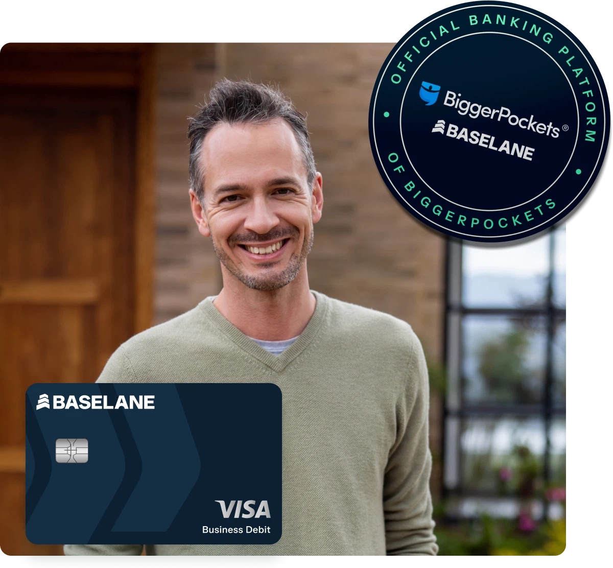 A smiling man stands outdoors in front of a house. A digital badge reads “Official Banking Platform of BiggerPockets BASELANE.” Below, a BASELANE Visa business debit card is displayed.