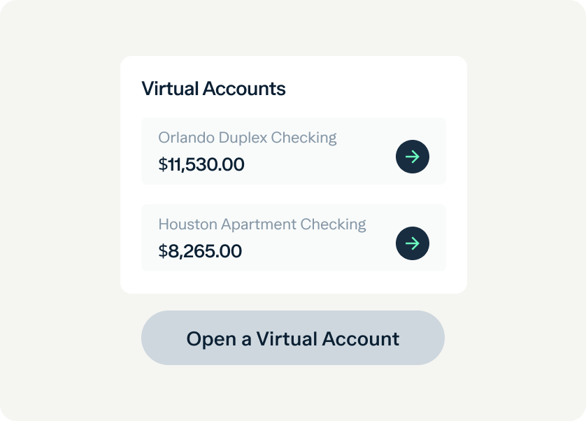 A digital interface shows two virtual account balances: Orlando Duplex Checking with $11,530.00 and Houston Apartment Checking with $8,265.00. Below is a button labeled "Open a Virtual Account.