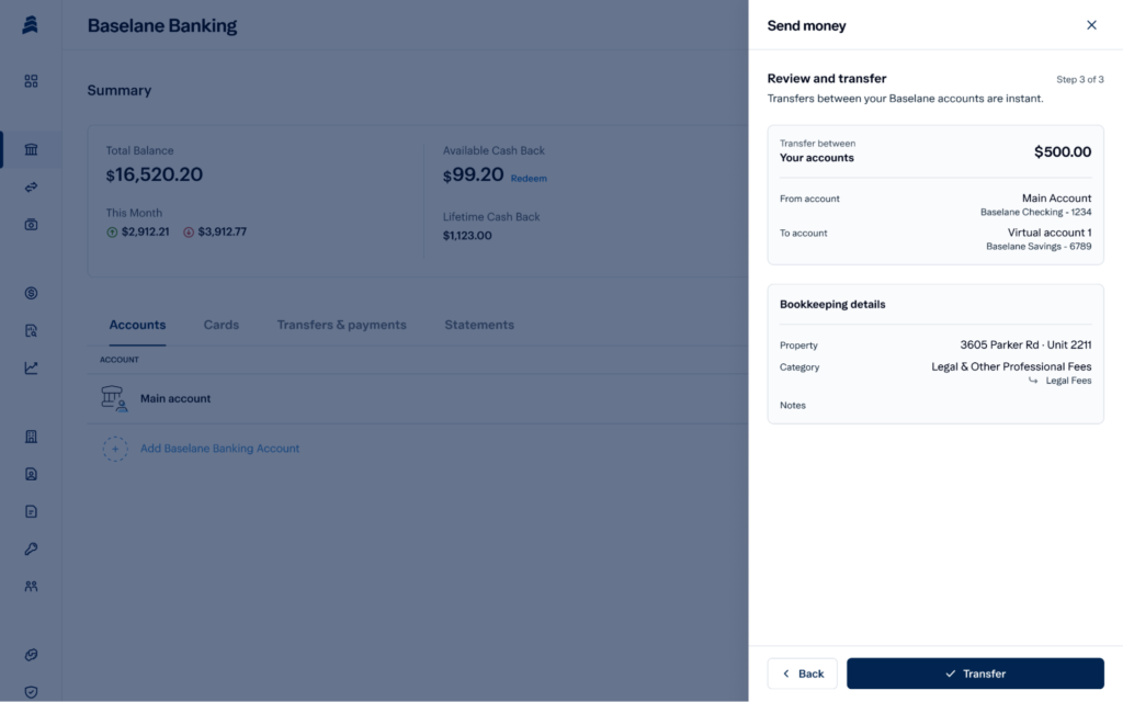 A banking dashboard shows a transfer of $500 from a Main Account to an Elite Income Swings account. Details include property address, category “Legal & Other Professional Fees” and a summary of account balances.