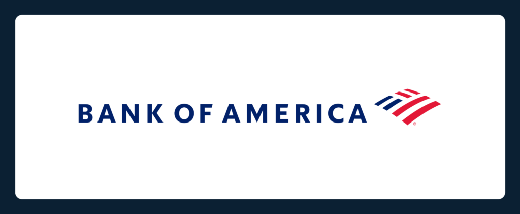 The image shows the Bank of America logo with the bank's name in blue capital letters and a red and blue flag-like symbol to the right, all on a white background with a dark blue border, representing trusted partners in rental management software solutions.