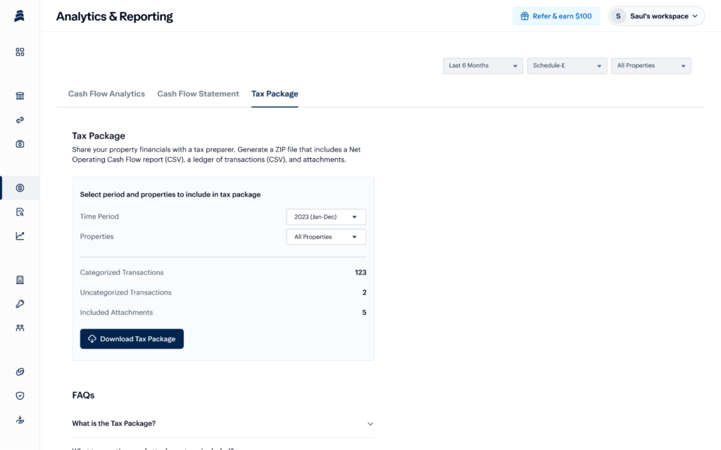 A screenshot of a web page titled "Analytics & Reporting" shows the "Tax Package" tab. Options to select time period, properties, and filter by business vs personal bank account are visible, along with transaction counts and a "Download Tax Package" button.