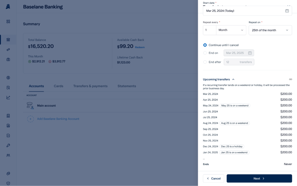 A banking dashboard shows a balance summary on the left and a scheduled transfer setup on the right, listing upcoming automatic $200 transfers for each month and noting if a date falls on a weekend.