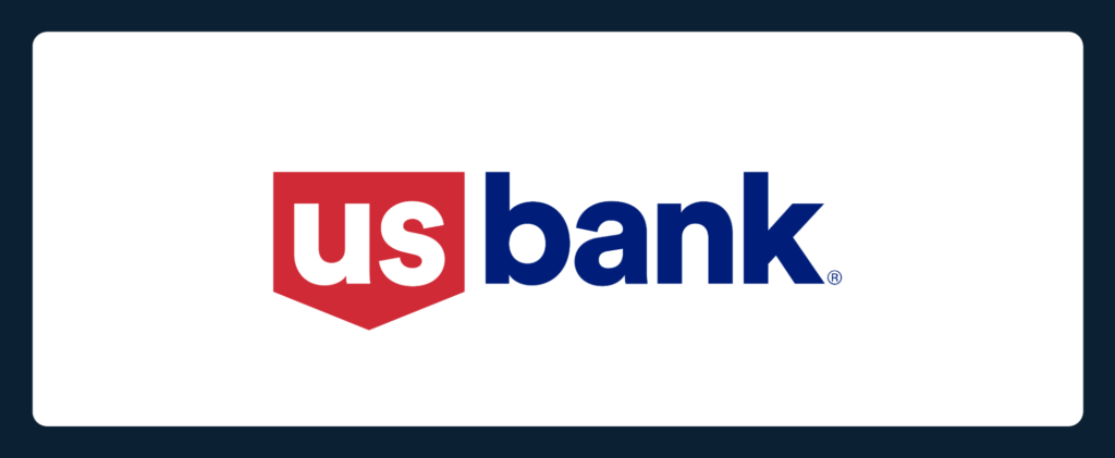 US Bank logo featuring the letters "us" in white inside a red shield, followed by "bank" in bold blue letters—an ideal look for businesses like rental management software, all on a white background with rounded corners and a dark blue border.
