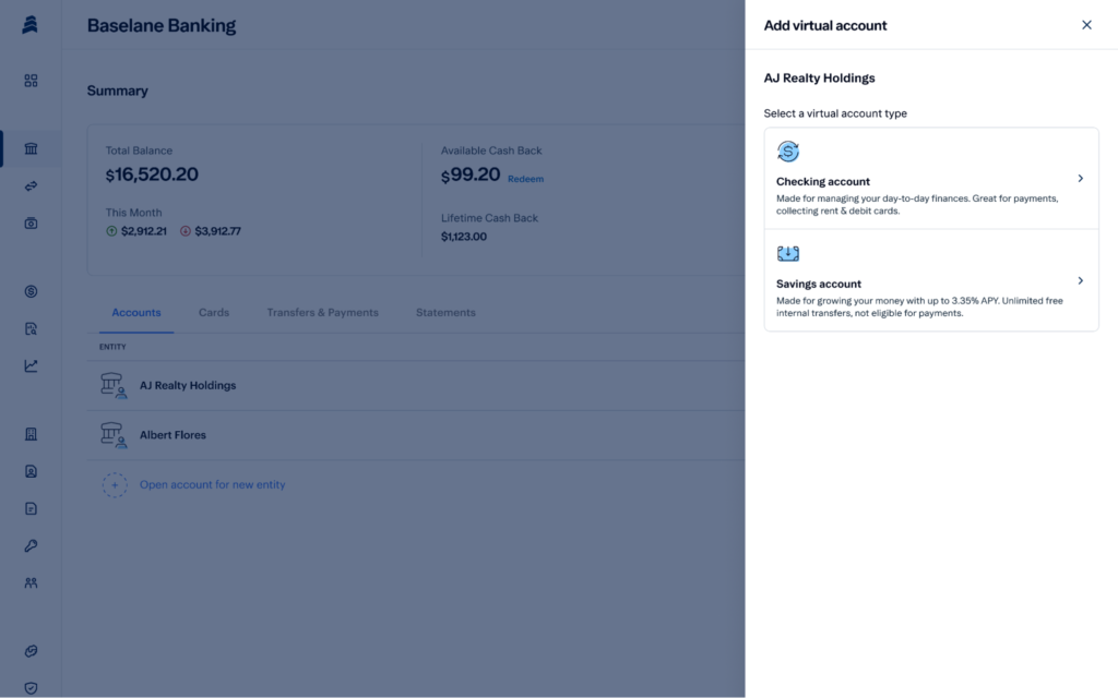A banking dashboard shows account balances on the left and an "Add virtual account" panel on the right, offering options to create a checking or savings account, each with descriptions and icons.