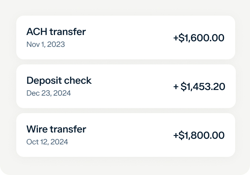 A digital interface displays three financial transactions: an ACH transfer for $1,600 on Nov 1, 2023, a deposit check for $1,453.20 on Dec 23, 2024, and a wire transfer for $1,800 on Oct 12, 2024.