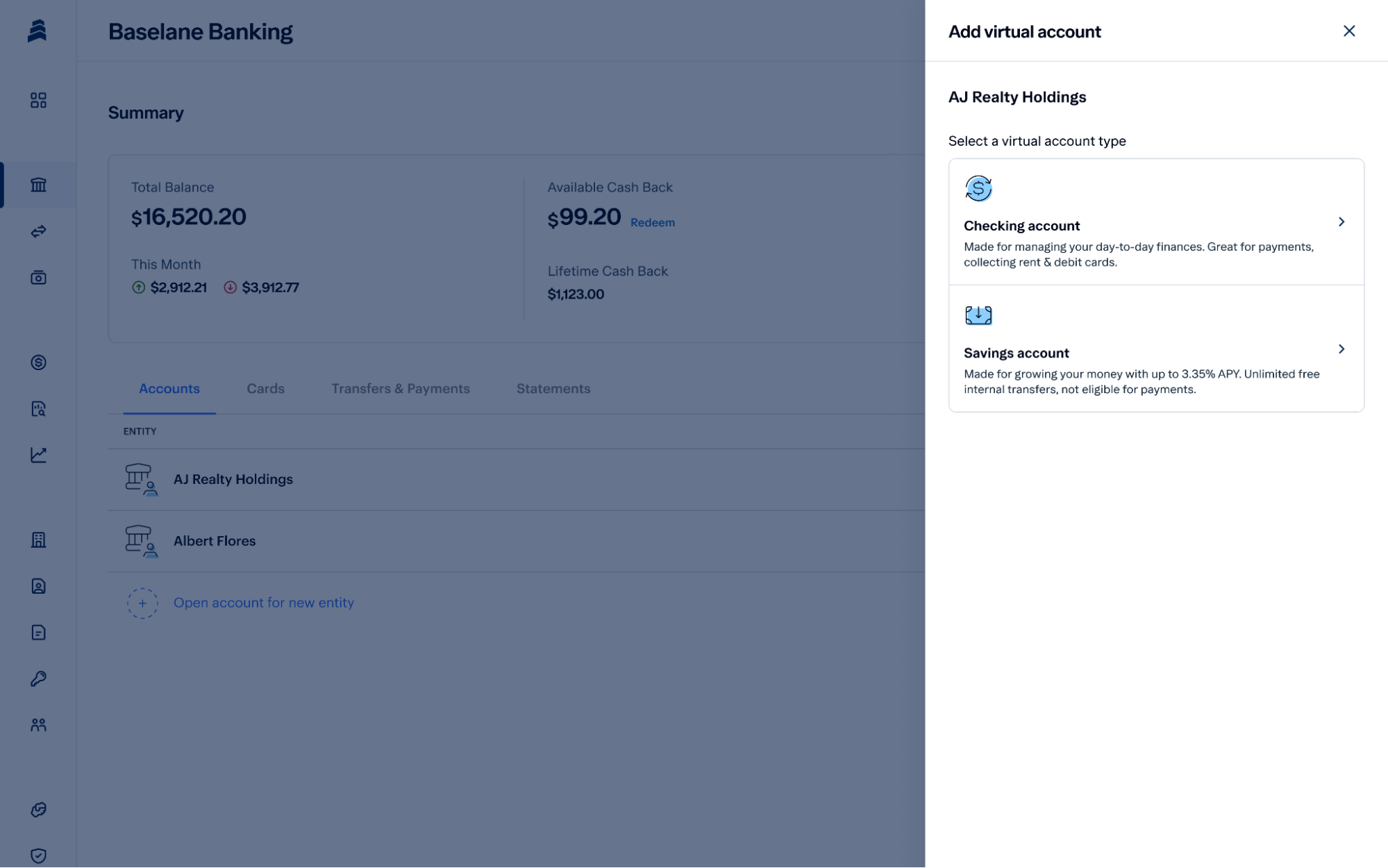 A banking dashboard shows account balances on the left and a pop-up on the right for adding a virtual account, with options for "Checking account" and "Savings account" under "AJ Realty Holdings," plus tips on how to open a business bank account for LLC.