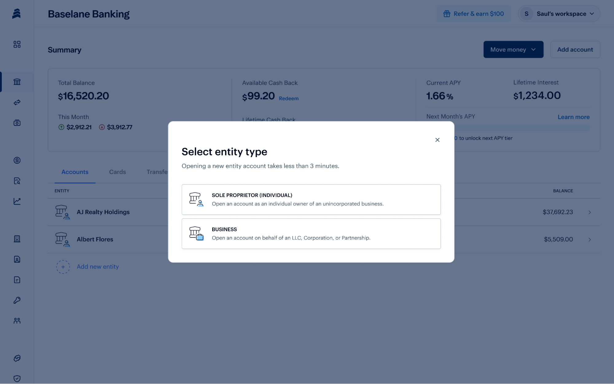 A banking dashboard with a pop-up titled "Select entity type," guiding users on how to open a business bank account for LLCs or as a Sole Proprietor (Individual). The background displays account balances and navigation tabs.