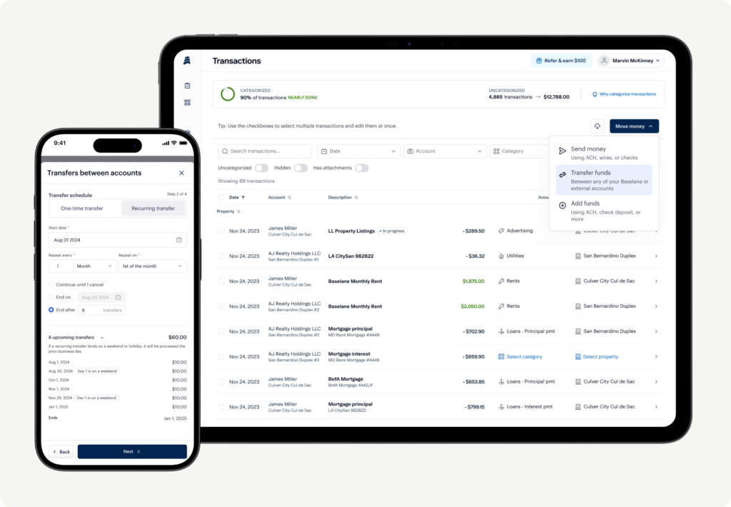 A smartphone and tablet display a banking app interface showing transfers between accounts and a detailed transaction history with balances, dates, and categories. A sidebar on the tablet offers quick money transfer options.
