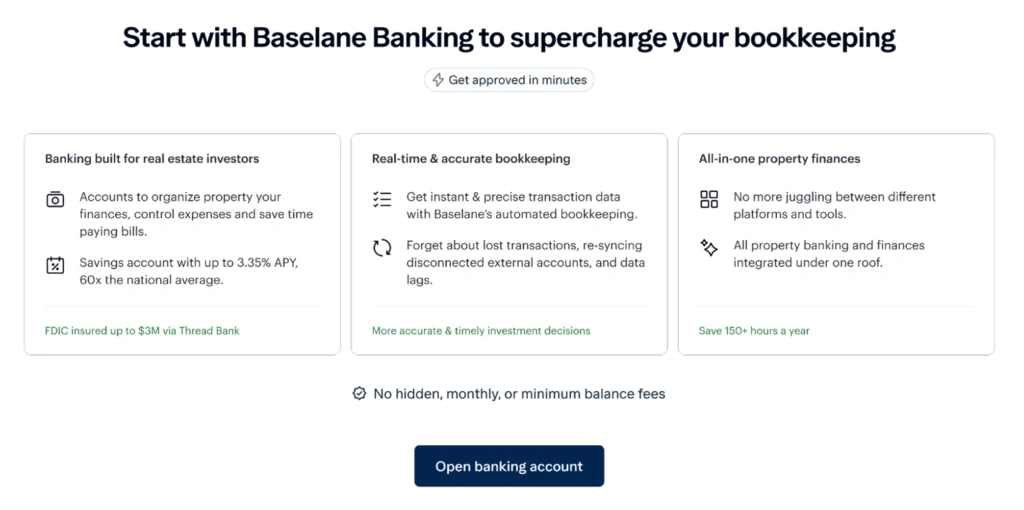 Three white boxes highlight features of a sole proprietorship bank account: banking for real estate investors with competitive APY, real-time bookkeeping with automated transactions, and an all-in-one property platform to save time.