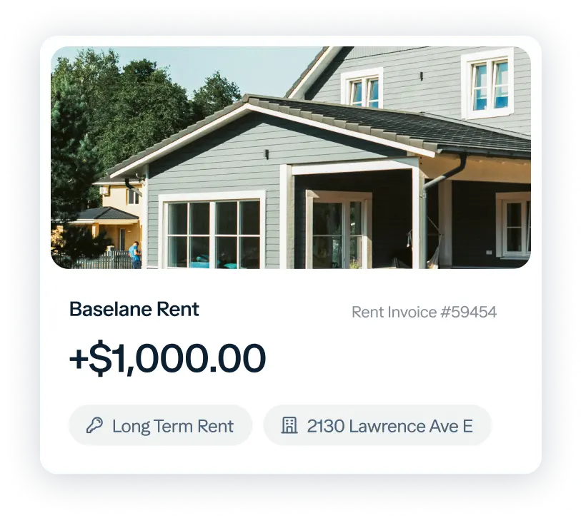 A rent invoice for $1,000.00 from Baselane Rent is shown, featuring a photo of a gray house with white trim. The invoice lists "Long Term Rent" at 2130 Lawrence Ave E.