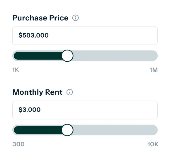 A form showing "Purchase Price" set to $503,000 and "Monthly Rent" set to $3,000, each with an adjustable slider indicating their respective values on a scale.