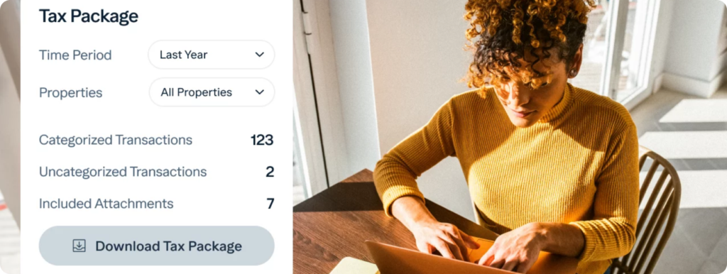A woman in a mustard sweater uses a laptop at her desk by the window. On the left, a screen displays a property management banking tax package summary with transaction counts and a "Download Tax Package" button.