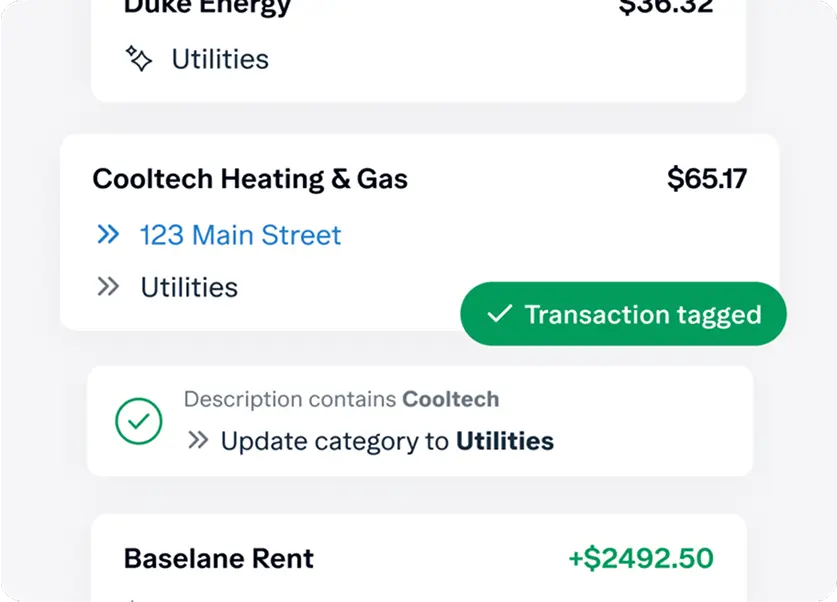 A digital financial management interface showing a $65.17 Cooltech Heating & Gas transaction tagged as utilities, a Duke Energy charge, a Baseline Rent entry of +$2492.50, and an address labeled 123 Main Street.