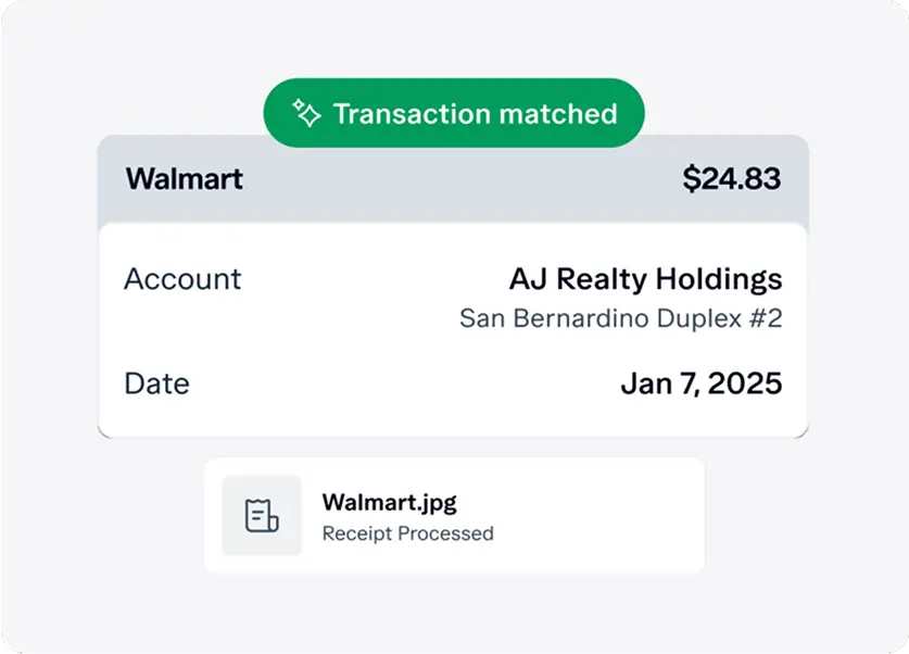 A digital notification shows a matched transaction at Walmart for $24.83, linked to AJ Realty Holdings, San Bernardino Duplex #2, dated Jan 7, 2025. A Walmart.jpg receipt is marked as processed below.