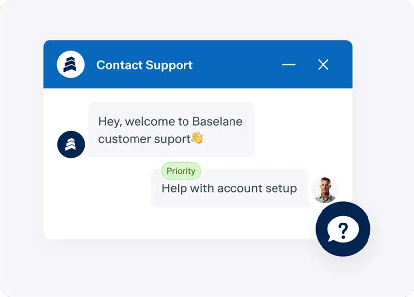 A chat window labeled "Contact Support" shows a greeting from Baselane customer support and a user message labeled "Priority" requesting help with account setup, alongside user and support icons.