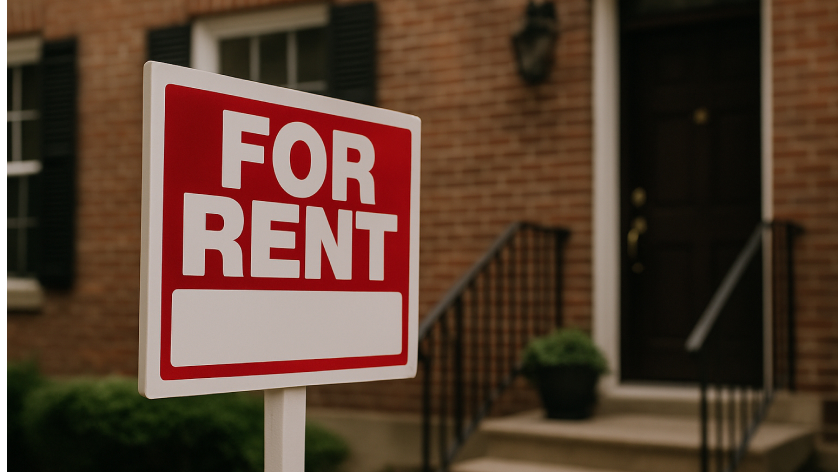 A red and white "For Rent" sign is displayed in front of a brick house with black shutters and a dark front door, indicating the property is available for lease.