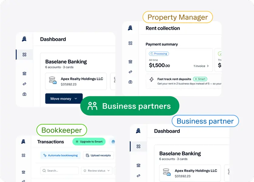 A dashboard interface shows different user roles—Property Manager, Bookkeeper, and Business Partner—managing banking, rent collection, and transactions for Apex Realty Holdings LLC.